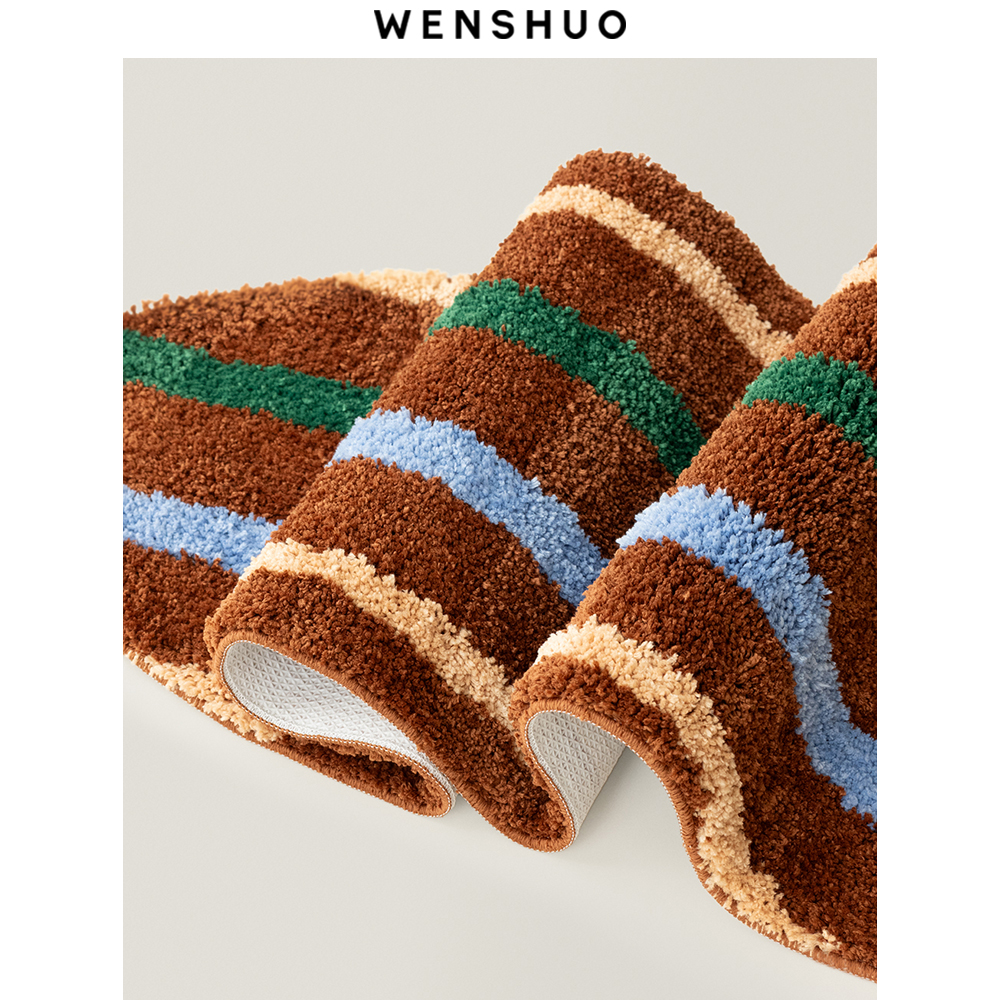 WENSHUO 原创撞色条纹地毯复古簇绒床边毯卧室客厅民宿咖啡店 - 图1