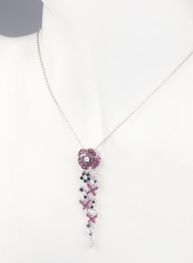 【自营】中古95新日本进口玫瑰花型红宝石黑钻项链K18白金45.5cm