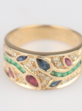 【自营】中古95新日本进口红蓝宝石祖母绿钻石戒指K18黄金52.5号