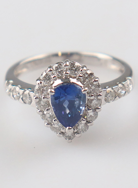 【自营】中古95新日本进口商品水滴形蓝宝石钻石戒指Pt900 51号