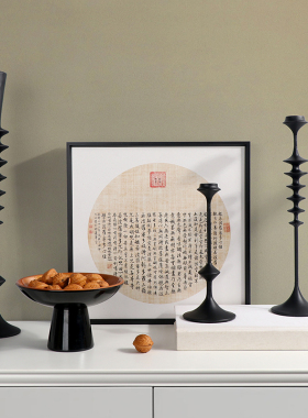 现代极简样板间客厅玄关餐厅桌面黑色层叠蜡烛台组合摆件软装饰品