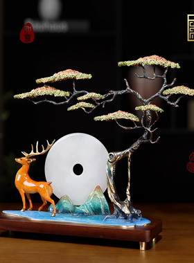 全铜迎客松月下松鹿中式客厅摆件