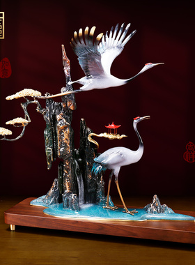 纯铜松鹤延年高山流水摆件工艺品