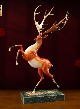 一鹿高升全铜鹿摆件中式客厅办公桌面摆设大气送长辈领导开业装饰