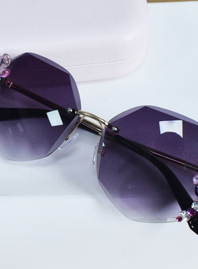 无边框多边形镶钻太阳镜女圆脸大脸显瘦遮阳墨镜女高级感