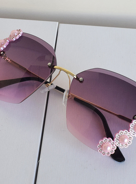 2024无框珍珠水钻太阳镜女圆脸大脸显瘦 遮阳防晒墨镜女韩版高级