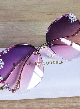 2021年新款手工镶钻花朵椭圆太阳镜女圆脸墨镜韩版