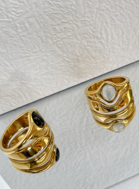 钛钢镀金天然贝母轻奢欧美风戒指