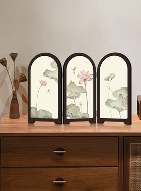 新中式小屏风桌面摆件复古国风荷花装饰画茶室家居玄关柜斗柜摆画