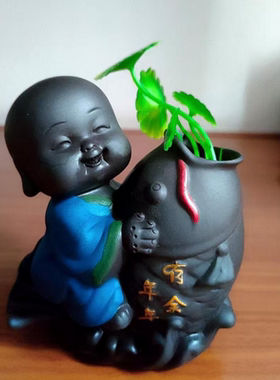 创意小沙弥花器小众高级桌面装饰摆件花瓶紫砂水培花盆陶瓷小和尚