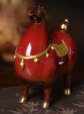 中式唐马金色红陶瓷摆件招财客厅