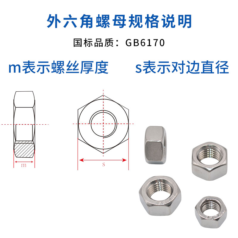 304不锈钢外六角螺母 螺帽螺丝母帽M3M4M5M6M8M10M12M14M16mm大全 - 图2