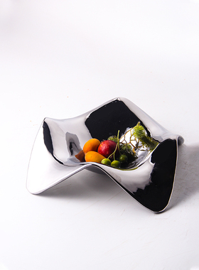 简约现代轻奢银色亮光果盘摆件样板间酒店餐厅客厅茶几桌面储物盘