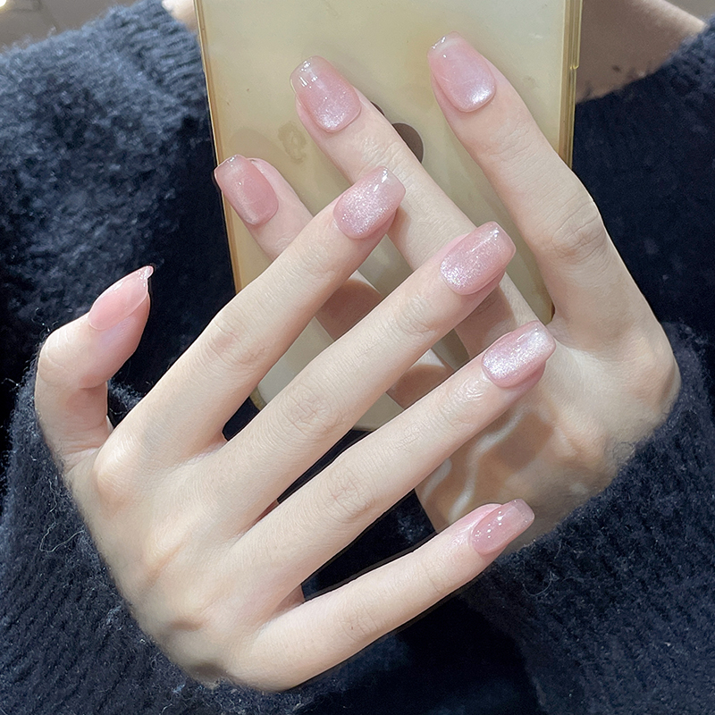 纯手工穿戴甲裸色玻璃珠猫眼显白美甲贴片假指甲高级感水镜银河 - 图2