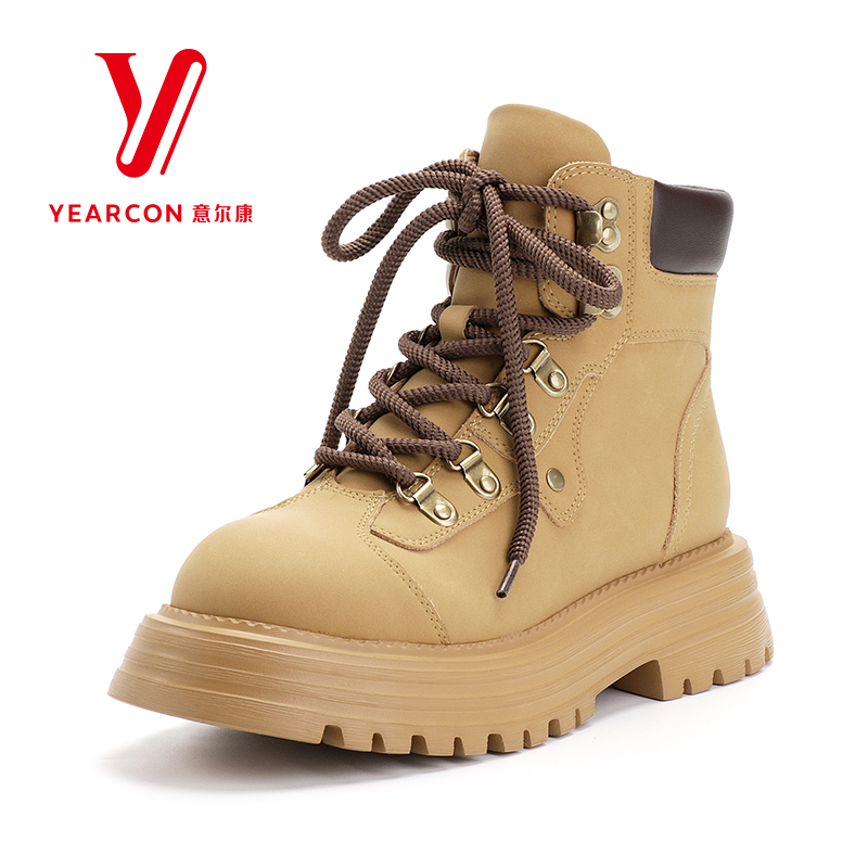 意尔康女鞋2025新款秋冬季马丁靴女厚底大黄靴户外短靴工装靴加绒 - 图0