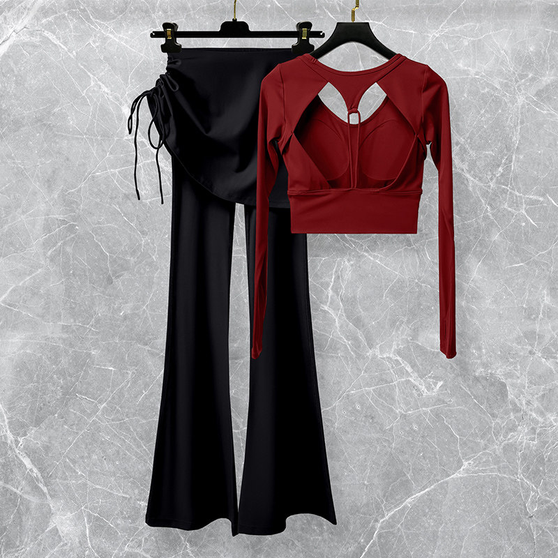 普拉提红色瑜伽服套装女2026新款美背运动健身训练长袖上衣喇叭裤,淘宝优惠券,粉丝福利购,淘宝优惠卷