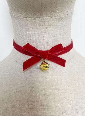 蝴蝶结绒带猫娘铃铛领结式 chocker圣诞节红色网袜女性感内衣配饰