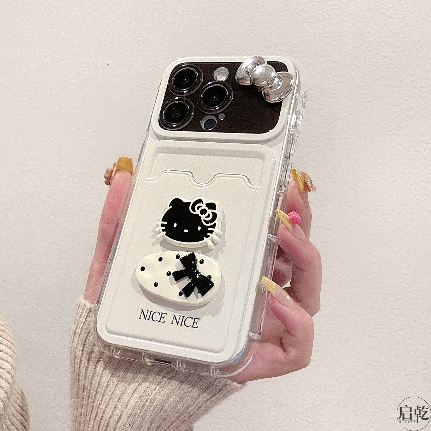 启乾 立体猫咪腕带iPhone16/15手机壳适用苹果14/13promax卡包卡套插卡12/11链条挂绳个性创意时髦新款女ins