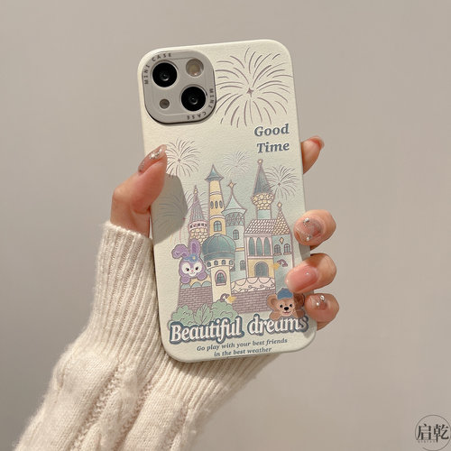 启乾星黛露达菲熊城堡iPhone17/16/15手机壳适用苹果14/13promax皮质软壳12少女心11可爱卡通小众渐变粉新款-图3