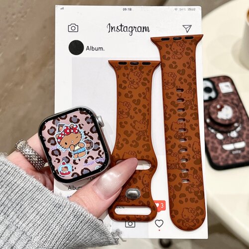 启乾 韩系豹纹猫咪适用iwatchs10/9苹果Applewatch7手表表带SE8棕色硅胶透气6运动5/4/3小众可爱ins风女款 - 图1