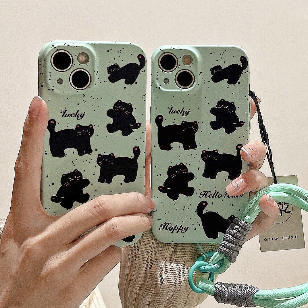 启乾 薄荷绿泼墨猫咪腕带iPhone15手机壳适用苹果14/13promax软壳12手提11链条挂绳少女心可爱卡通新款夏天