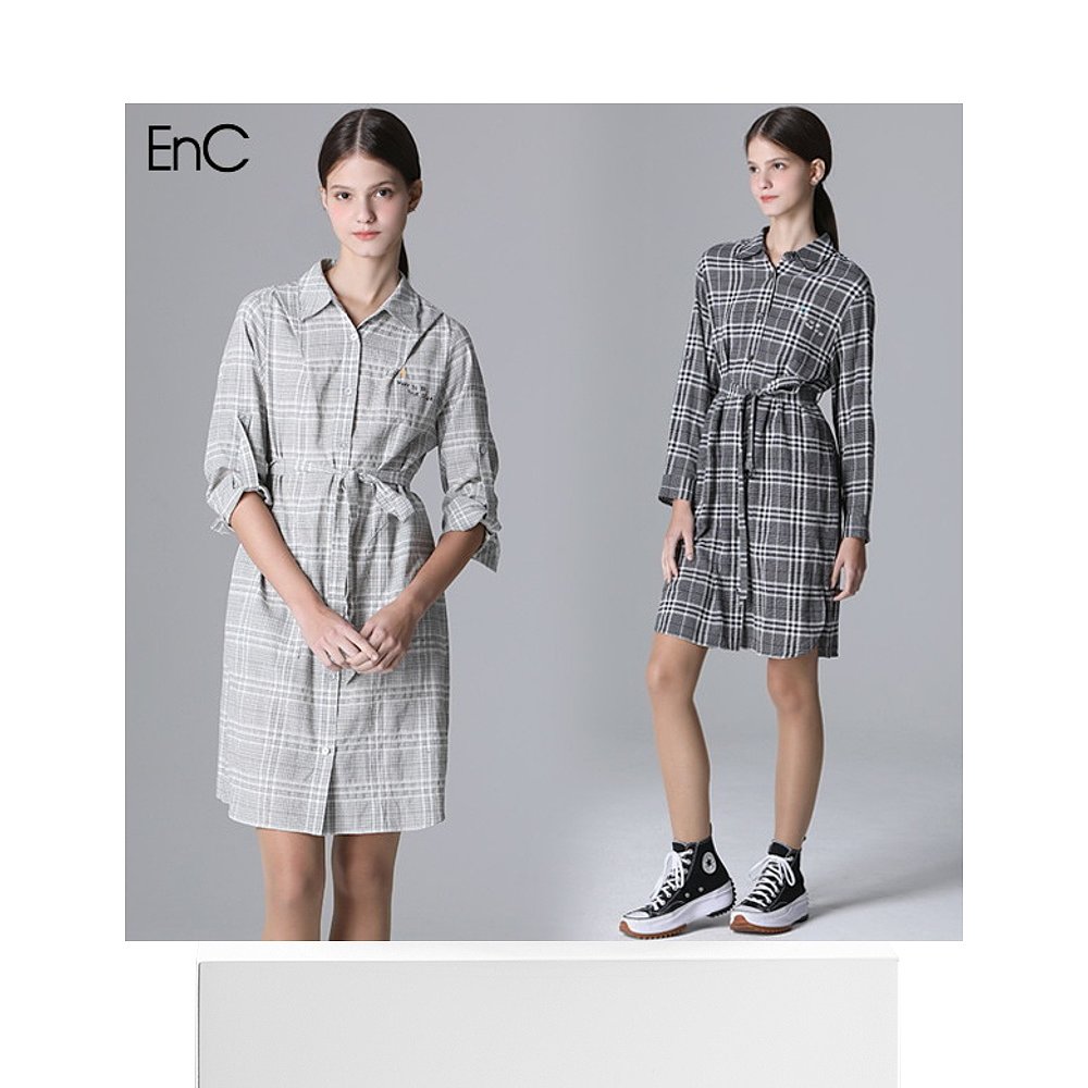 韩国直邮EnC 连衣裙 [EnC] 腰部 缠绕风格 格纹 长款 衬衫型 连衣 - 图3