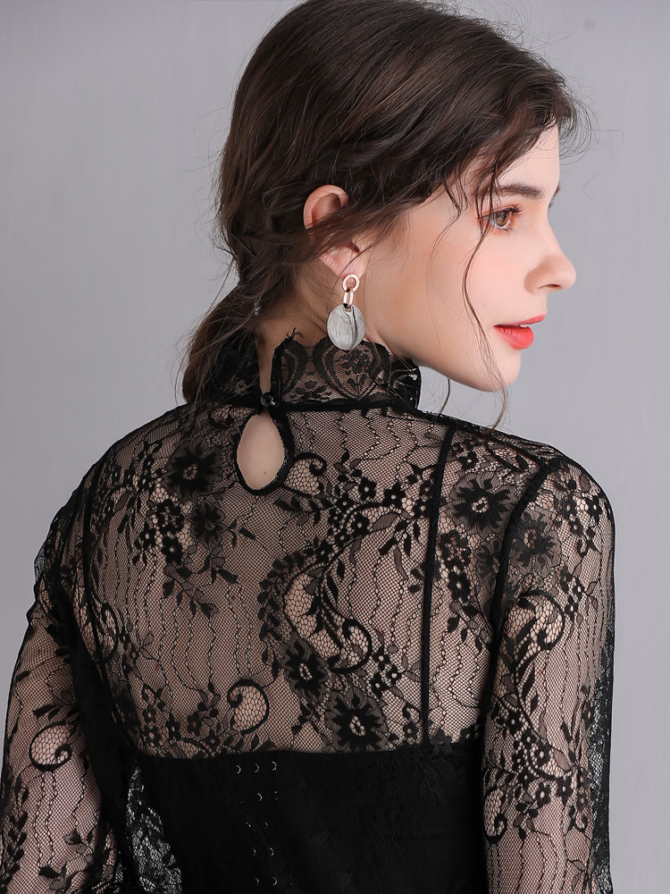 透视白色蕾丝高领精致神仙打底衫 温娴蕾丝衫/雪纺衫