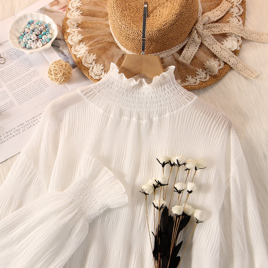 White chiffon top with mesh and lantern sleeves