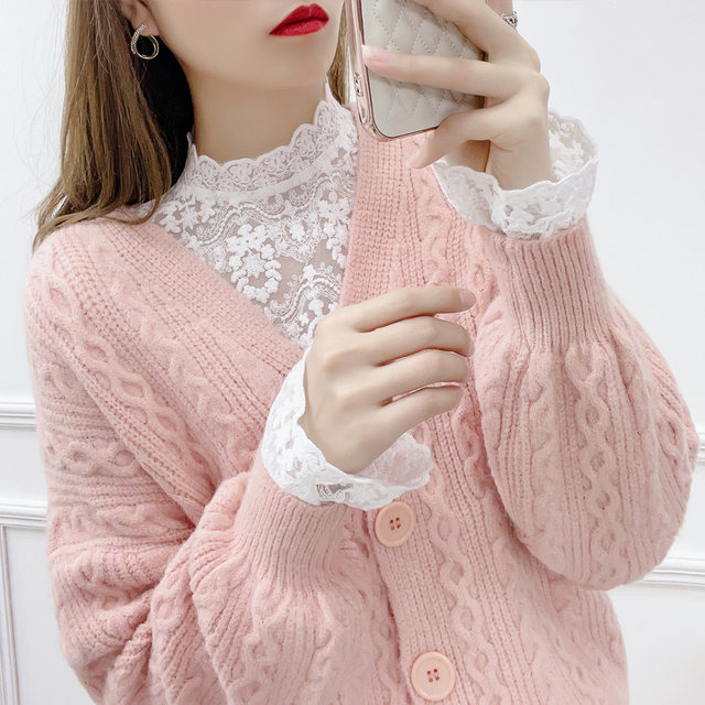 Half high neckline lace bottom sweater for women in autumn and winter 2024, new mesh top for women in white sweater with a trendy little shirt underneath