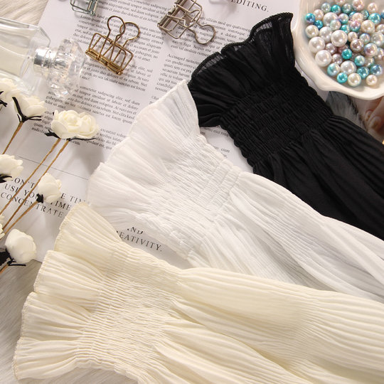 White chiffon top with mesh and lantern sleeves