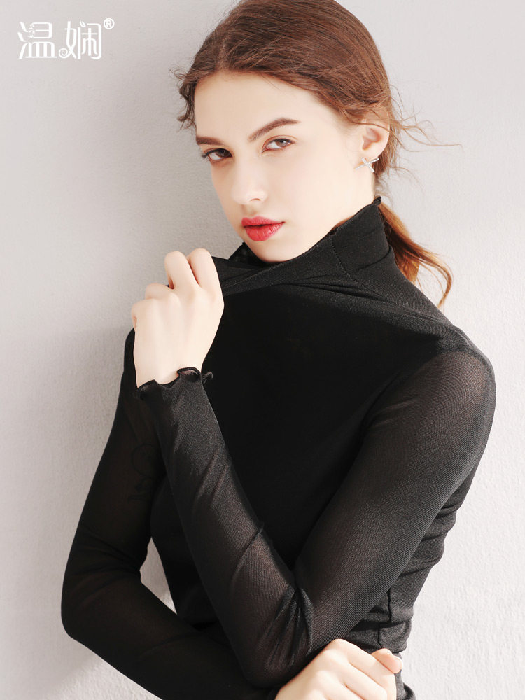 木耳边高领白色蕾丝紧身内搭打底衫 温娴T恤