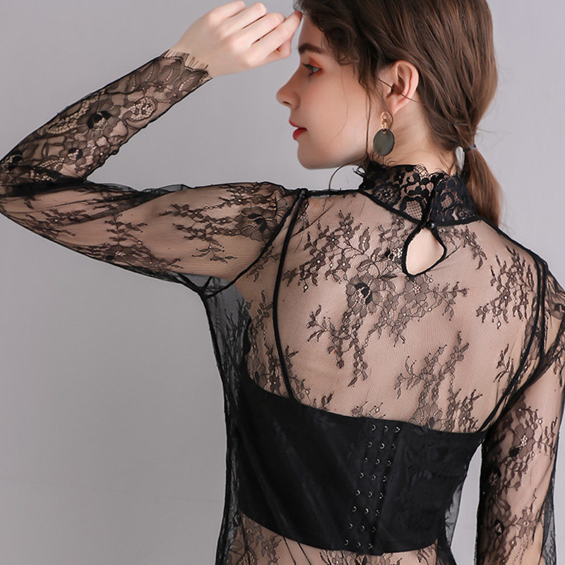 透明白色网纱薄纱长袖性感打底衫 温娴蕾丝衫/雪纺衫