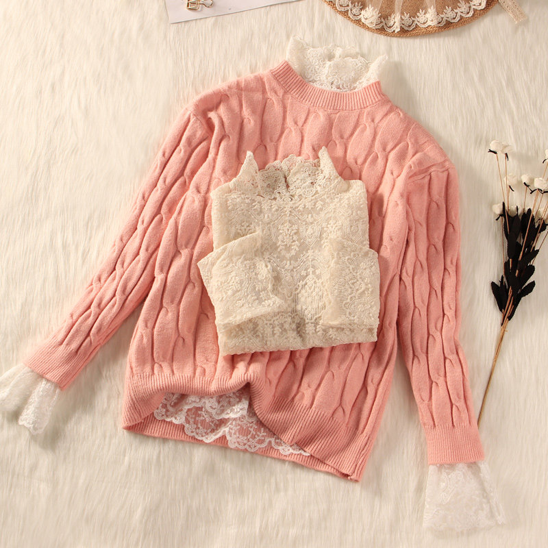 透视高领绣花白色蕾丝内搭女毛衣 温娴蕾丝衫/雪纺衫