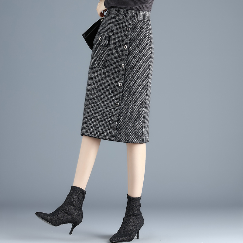 向婉旗舰店千鸟格冬裙半身裙秋冬季女新款格子针织裙子中长款包臀一步裙0