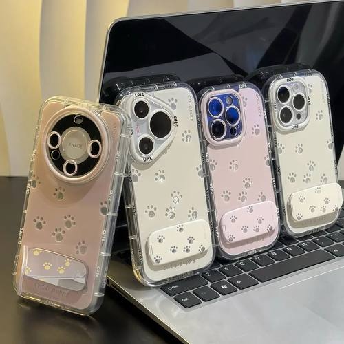 可爱小爪子镜子支架适用苹果16PRO手机壳iPhone15/14PLUS羽纱泡芙华为PURA70情侣NOVA13全包防摔VIVO小米红米 - 图0