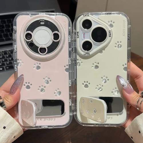 可爱小爪子镜子支架适用苹果16PRO手机壳iPhone15/14PLUS羽纱泡芙华为PURA70情侣NOVA13全包防摔VIVO小米红米 - 图2