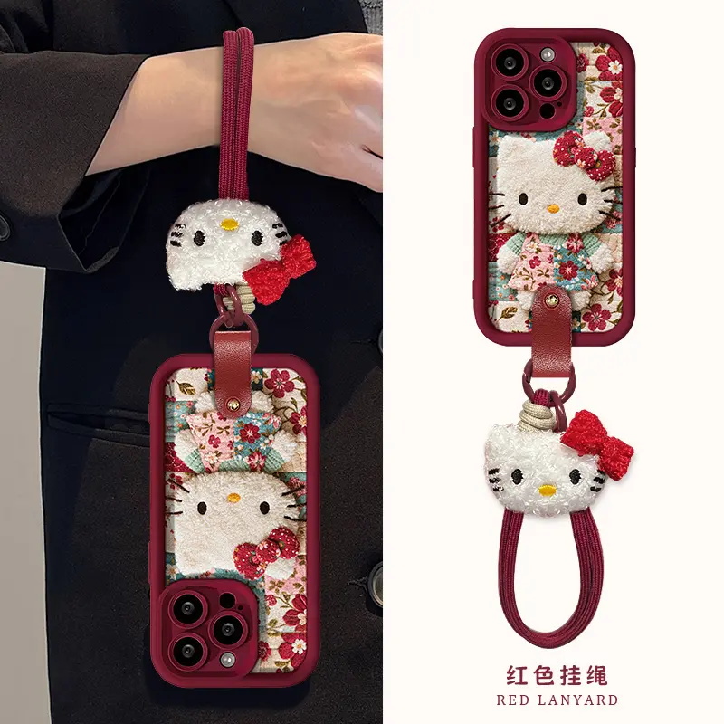 酒红碎花KT猫适用苹果17PROMAX手机壳iPhone16/15秋冬新款华为PURA80闺蜜MATE60PRO卡通RENO14全包VIVOS30INS - 图3