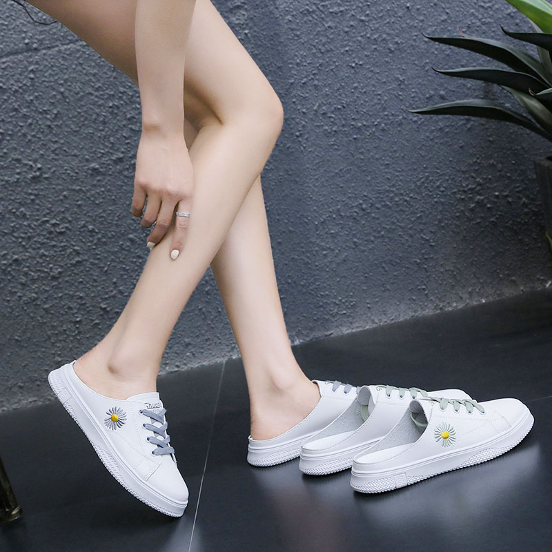 莱井旗舰店YZ半拖鞋女夏季新款时尚韩版松糕厚底圆头系带后空包头小白鞋1