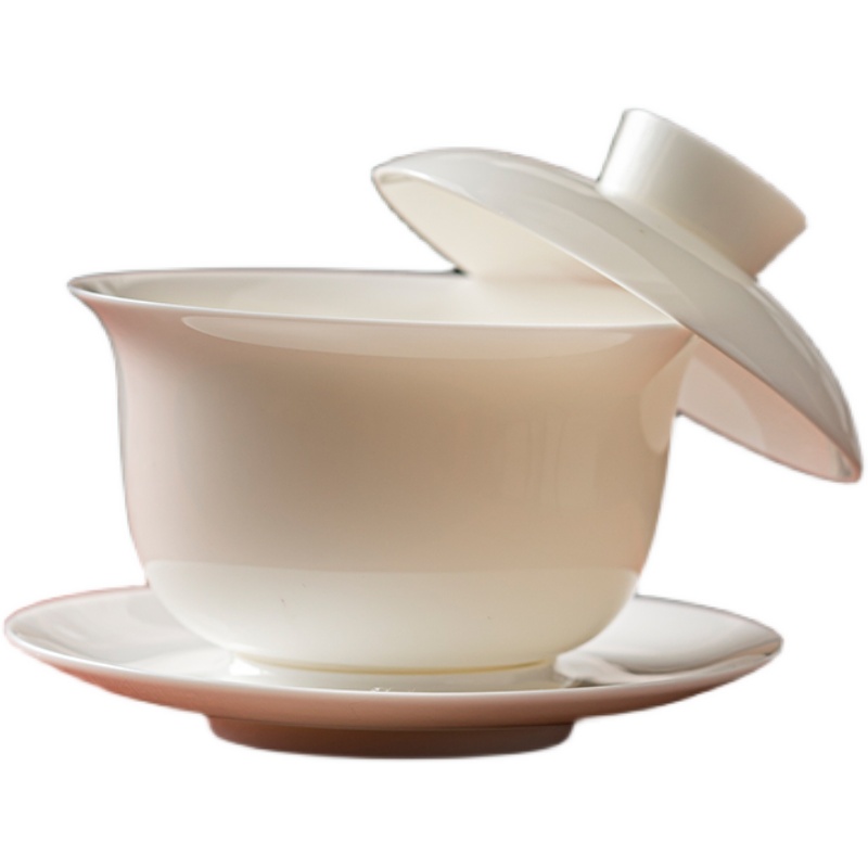 羊脂玉白瓷三才盖碗悬停浮家用单个功夫茶杯具薄胎不烫手高套装档 - 图3