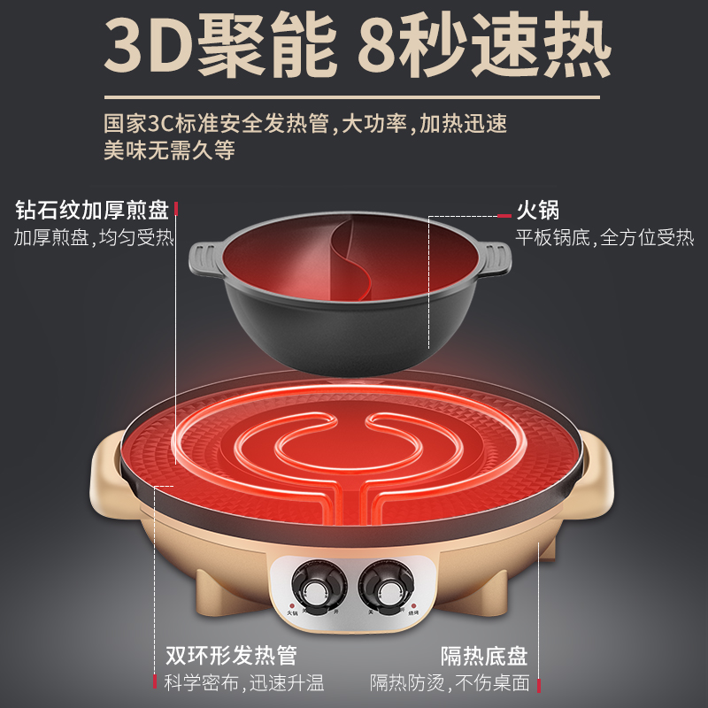 火锅烧烤一体锅多功能料理锅家用不粘电烧烤炉无烟涮烤肉盘电烤盘
