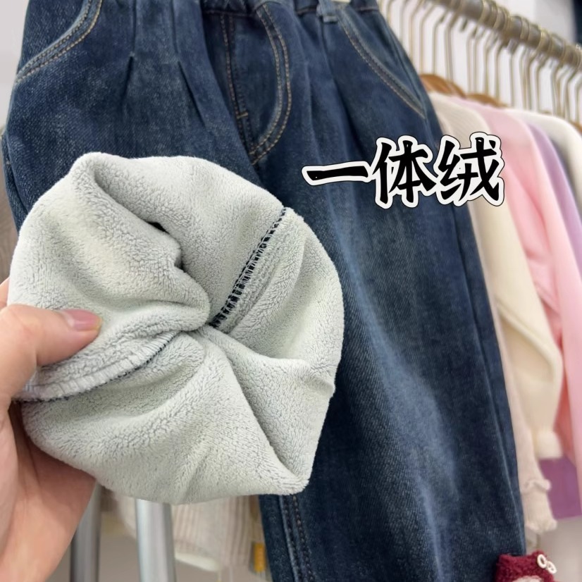 蕾丝花边女童加绒牛仔裤冬季加厚保暖休闲裤儿童kt猫女孩一体绒裤 - 图1