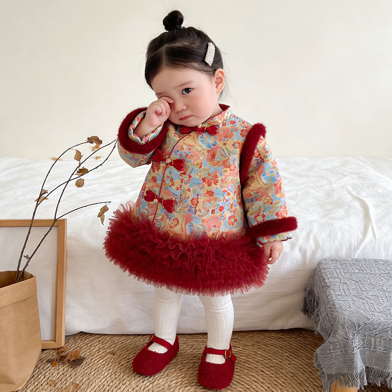 女童中国风连衣裙冬装夹棉加厚毛领盘扣新年拜年服周岁礼服女宝宝,淘宝优惠券,粉丝福利购,淘宝优惠卷