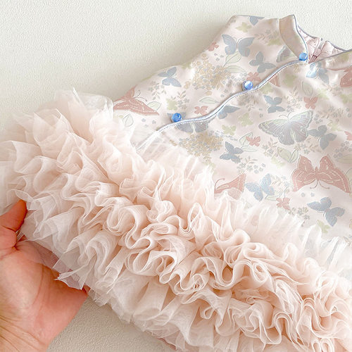 女童连衣裙新中式旗袍粉色背心公主裙女宝宝周岁礼服拜年服套装裙 - 图3