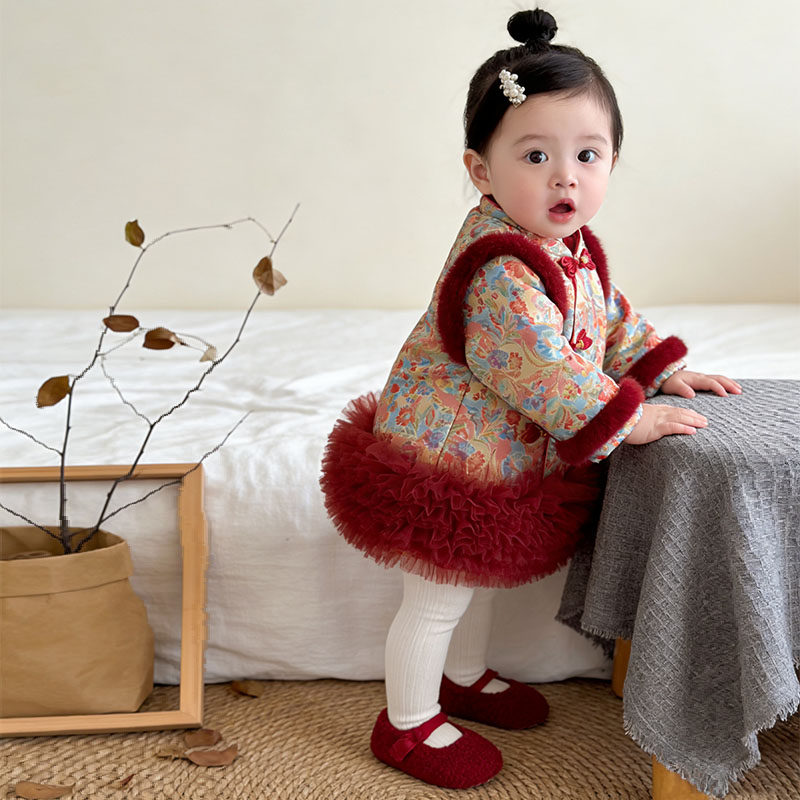 女童中国风连衣裙冬装夹棉加厚毛领盘扣新年拜年服周岁礼服女宝宝,淘宝优惠券,粉丝福利购,淘宝优惠卷