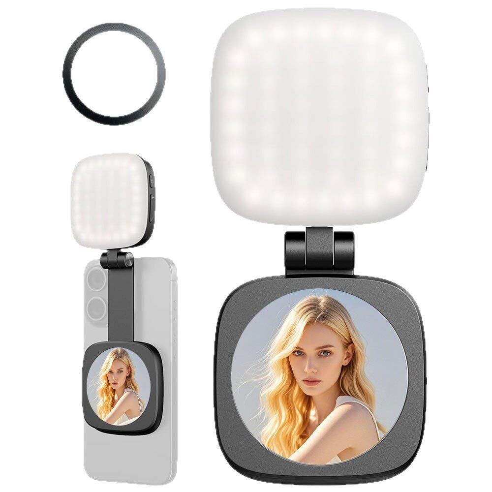 Three-in-one new magnetic magnet with mirror, mini mobile phone selfie fill light, magesafe desktop video conference live broadcast pocket light, five-speed adjustment, large battery, vertical and horizontal flip-up