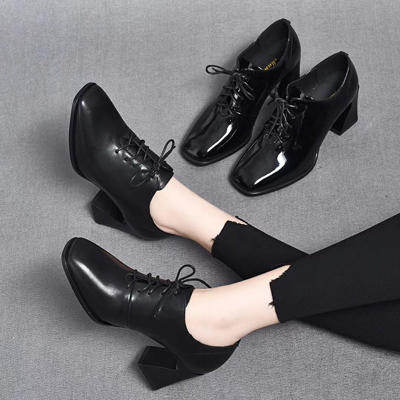 时尚休闲春秋真皮粗跟深口单鞋英伦风系带方头小皮鞋亮皮女高跟鞋,淘宝优惠券,粉丝福利购,淘宝优惠卷