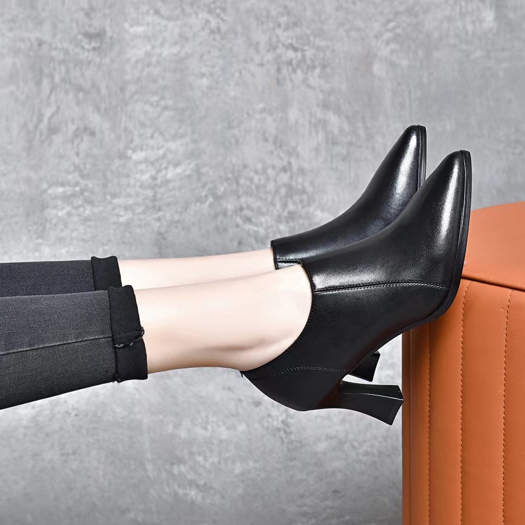 春夏季新款真皮单鞋女深口高跟鞋皮鞋女软皮尖头女鞋粗跟软底百搭 - 图1