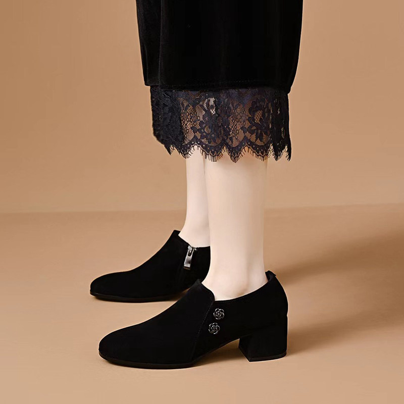 新款女鞋黑色反绒皮乐福鞋女中跟粗跟深口单鞋Y磨砂绒面休闲百搭,淘宝优惠券,粉丝福利购,淘宝优惠卷