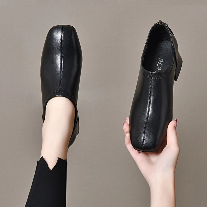 新款深口粗跟方头羊皮真皮单鞋软皮软底春秋季女士单鞋皮鞋不磨脚,淘宝优惠券,粉丝福利购,淘宝优惠卷