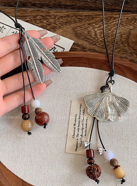 新中式复古羽毛银杏叶项链女款波西米亚民族风长款毛衣链吊坠配饰